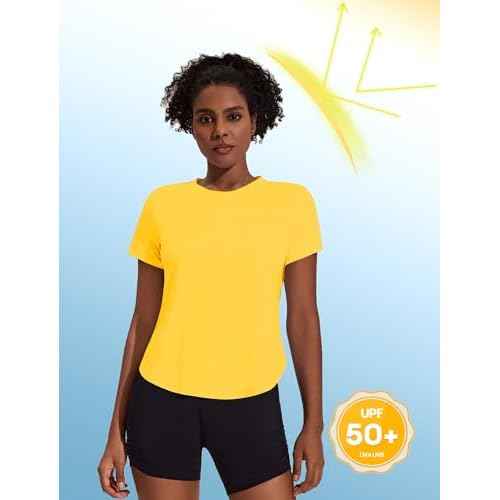 PINSPARK Workout Tops for Women UPF 50+ Yoga Shirts Short Sleeve Athletic Tops with Side Slits Running Gym Tee Top Loose Fit