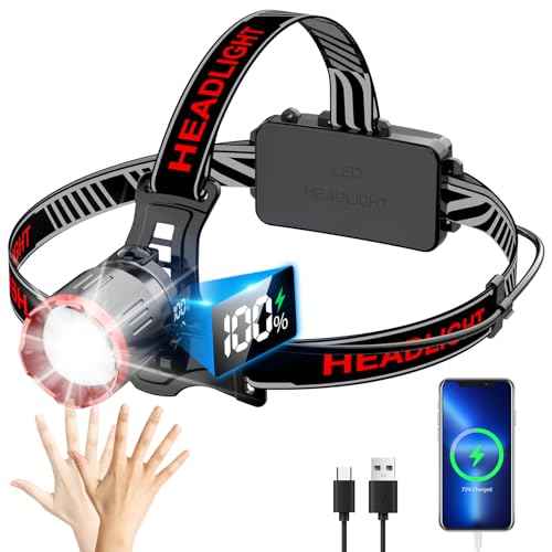 Yoobao Headlamp Rechargeable, LED Battery Display, 100000 Lumens Lightweight Bright HeadLamp, Zoomable, Motion Sensor, Emergency Power, Adjustable Head Flashlight for Adults Camping Hunting Hiking