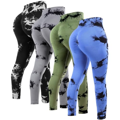 High Waist Tie Dye Yoga Leggings for Women - Large Gray Black Army Green Sapphire 4 Pack