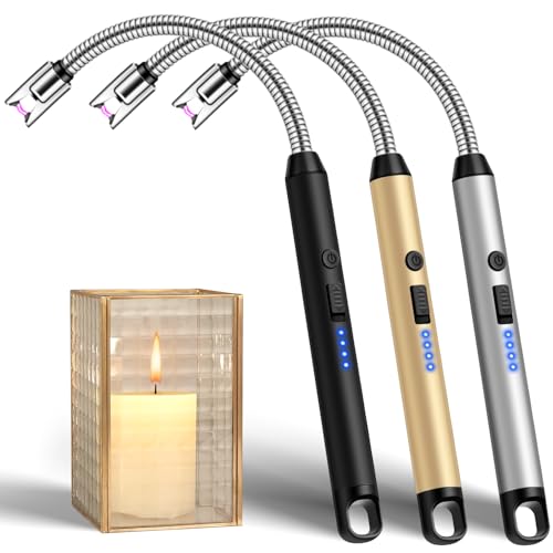 Electric Candle Lighter Set - Windproof USB Rechargeable Plasma Flameless with LED Battery Display - Black, Silver, Gold