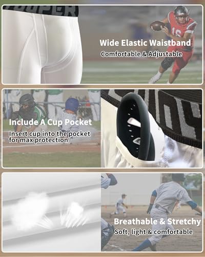 Youper Adult Compression Shorts with Cup Pocket - Medium White, Athletic Supporter for Baseball & Football