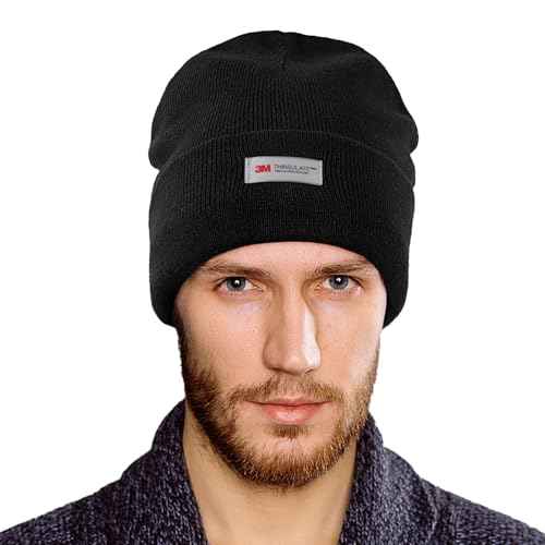 Waterproof Winter Fleece Lined Beanie Hat for Men Women Warm Knit Cuffed Beanie Thick Skull Cap Unisex Windproof Watch Hat
