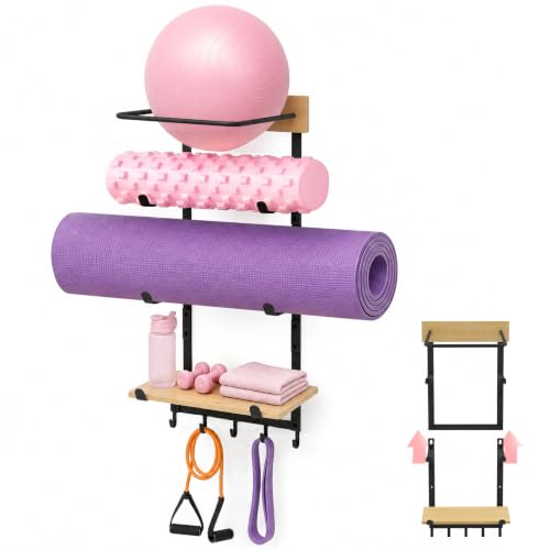 Yoga Mat & Ball Wall Mount Organizer with Adjustable Pine Shelf and Hooks