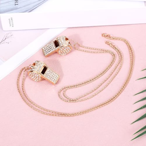 2pc Bling Whistle Necklace Set - Gold Rhinestone Coaches Sport Whistles