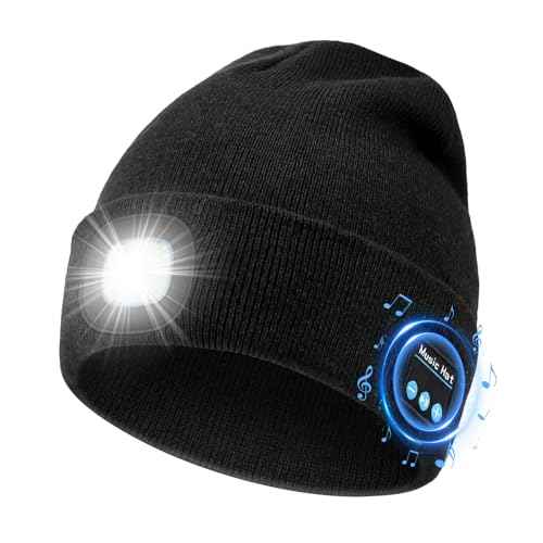 MUSIC LED Beanie Hat with Bluetooth, Rechargeable Hat with 3-Mode Headlamp & Hands-Free Calling,Warm Knit Cap for Men and Women, Ideal for Outdoor Night Activities Black