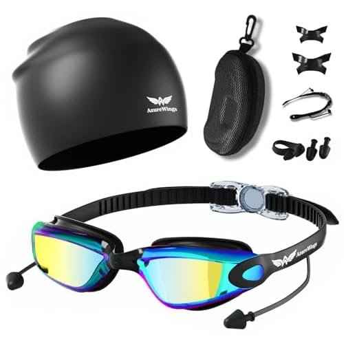 7 in 1 Swim Goggles + Swim Cap for Men Women,No Leak Anti-Fog & UV, Wide Visio HD Mirror PC Lens