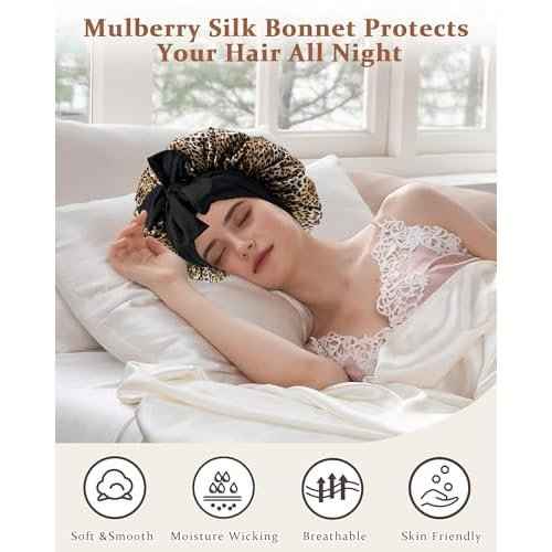 100% Mulberry Silk Bonnet for Sleeping Women Double Layer Silk Hair Bonnet Natural Sleep Cap with Elastic£¨Black + Leopard£©