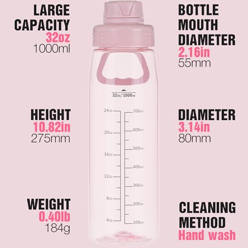 Pink 32oz BPA-Free Water Bottle with Wide Mouth & Leakproof Spout - Travel & Outdoor