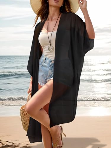Women's Long Lightweight Kimono Cover Up Beach Swimsuit Boho Cardigan Large / 002 Black
