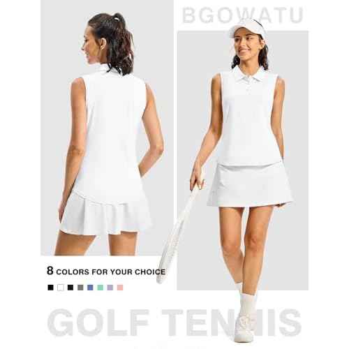 BGOWATU Women's Golf Shirts Sleeveless Polo Shirts Collared 3 Buttons Tennis Tank Tops UV Protection Quick Dry