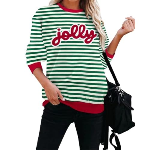 Christmas Sweatshirts For Women Jolly Glitter Patch Crewneck Sweatshirt Xmas Long Sleeve Striped Pullover Top