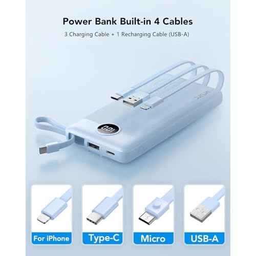VRURC 10000mAh Power Bank Built-in Cables, Portable Charger with LED Display, Slim Travel Battery Pack with Cords, 5 Output Dual Input Phone Charger for Cell Phone Smart Devcies-Blue(1 Pack)