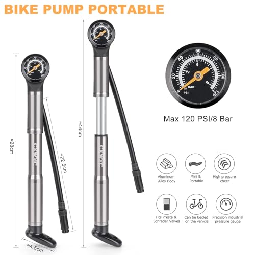 CXWXC Bike Pump Portable- Mini Bicycle Pump with Pressure Gauge Fits Presta and Schrader Valves- 120PSI High Pressure Bike Air Pump with Mounting Bracket