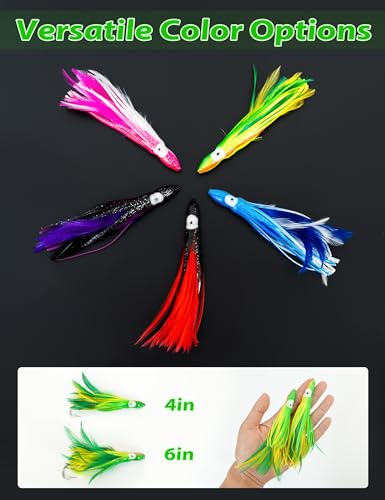Bluewing Tuna Feather Daisy Chain Fishing Lure with 4-Inch Feathered Squids - Yellow/Green
