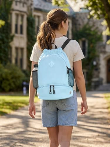 Large Water-Resistant Drawstring Backpack with Shoe & Wet Pocket - Blue