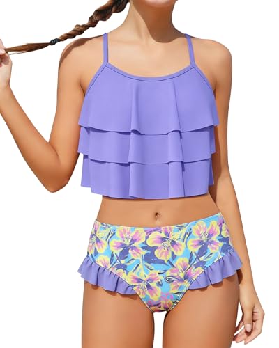 Girls' 2-Piece Swimsuit Bikini Set - Tiered Ruffle Bathing Suit, Adjustable Straps, Summer Kids Swimwear, 7-8 Years, Purple