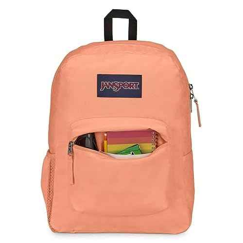 JanSport Cross Town Backpack 17" x 12.5" x 6" - Simple Bag for Everyone with 1 Main Compartment, Front Utility Pocket - Premium Class Accessories - Peach Neon
