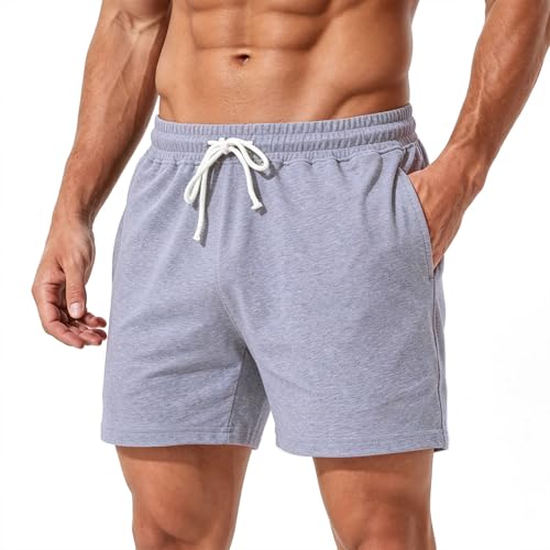 Men's Cotton Sweat Shorts 5 Inch Workout Athletic Gym with Pockets - Medium Light Gray