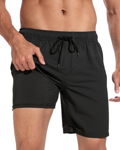 Men's Swim Trunks Large Black 7 Inch Quick-Dry Beach Shorts with Pockets