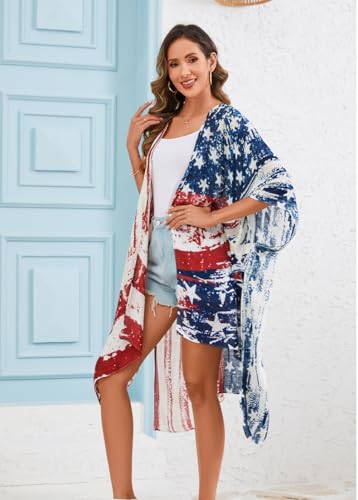 Women's American Flag Beach Cover Up Cardigan Loose Top Shirt