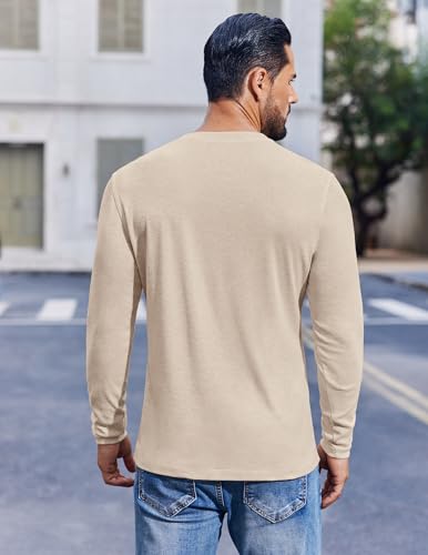 Men's Henley Shirt Long Sleeve Casual T-Shirt - Large Light Khaki