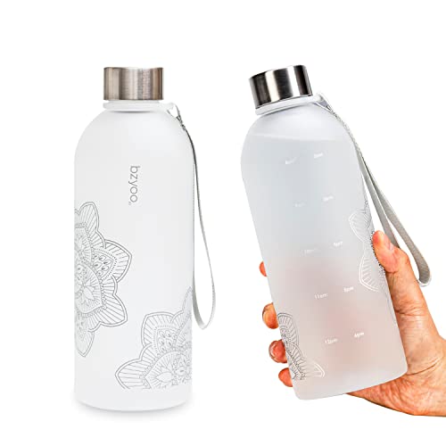 32 Oz Reusable Water Bottle with Time Markings, Frosted Plastic, Strap, Silver