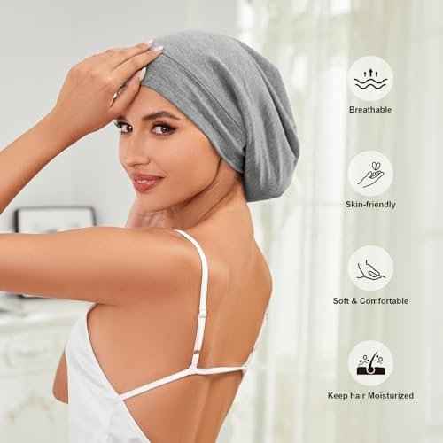 4Pcs Silk Satin Bonnets for Women Men, Adjustable Hair Wrap Slouchy Beanie Hat for Curly Hair