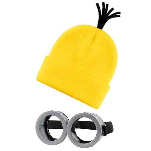 2Pcs Costume Accessories Adult Steampunk Goggles Glasses Yellow Beanie Knit Hats Women Mens Halloween Cosplay Party