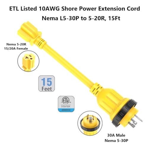 15FT Marine Shore Power Extension Cord - NEMA L5-30P to 5-20R Heavy Duty