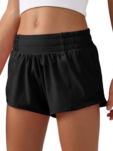 Girls Athletic Shorts with Liner - Large Black Quick-Dry Workout Sports Running Shorts with Zip Pocket