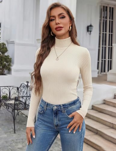 Ekouaer Women's Turtleneck Top - Winter Ribbed Long Sleeve Shirt Medium Beige