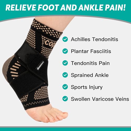 INDEEMAX Ankle Brace for Sprained Ankle Compression Sleeve, 2 Pack Copper Infused Ankle Support Brace for Women & Men, Plantar Fasciitis Relief Achilles Tendonitis, Sports Running, Copper Black, 2XL