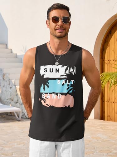 Mens Sleeveless Tank Top with Graphic Hawaiian Shirt Design - Summer Beachwear, Black, X-Large