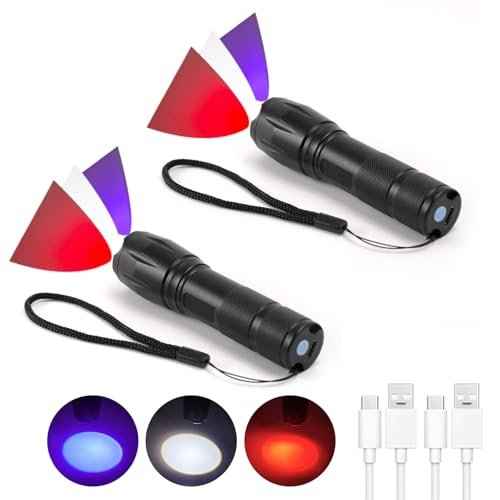 2 Pack LED Rechargeable Red Flashlight, LED Small 395 NM Black Flashlight with Memory Function, Super Bright Zoomable Red Light Black Lights Flashlights with USB C Charging for Camping Hiking Home