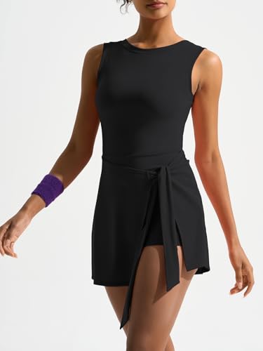 Women's High Neck Tennis Dress with Sleeveless Wrap Skirt and Built-in Shorts - Medium Black