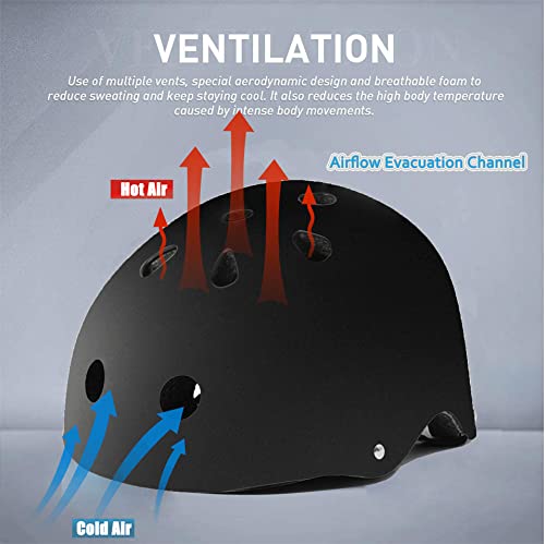Tourdarson Skateboard Helmet - Impact-Resistant, 11 Venting Holes, Medium (Black)