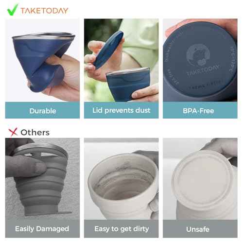 TakeToday 2PCS Collapsible Travel Cup - Silicone Foldable Water Cup, BPA-Free with Lid & Waterproof Bag - Drinking Cup Set for Camping, Outdoors & International Travel£¨8 Oz, Navy & Lowcountry Peach£©