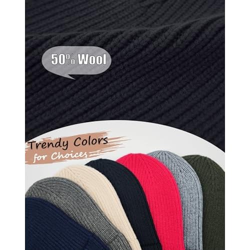 Wool Beanie for Men Women, Seamless Knit Cuffed Warm Winter Hats Fisherman Beanies Womens Ski Hat Skull Cap Unisex