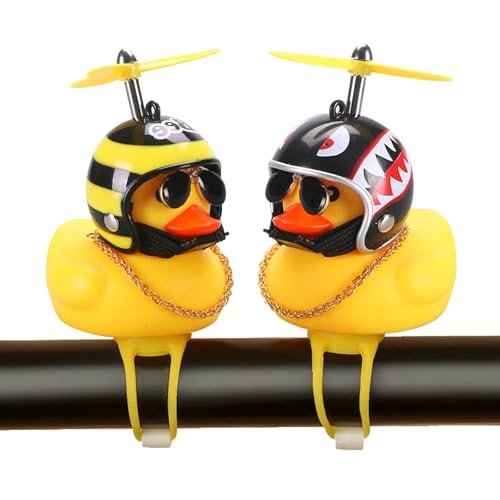 2 Pack Rubber Duck Car Ornaments, Yellow Duck Car Dashboard Decorations Squeeze Duck Bicycle Horns with Propeller Helmet,Bandage and Gold Chain