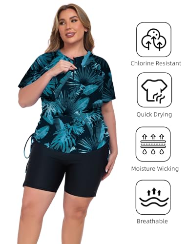 Plus Size Women's Rash Guard Swimsuit Set - Built-in Bra, 2 Piece