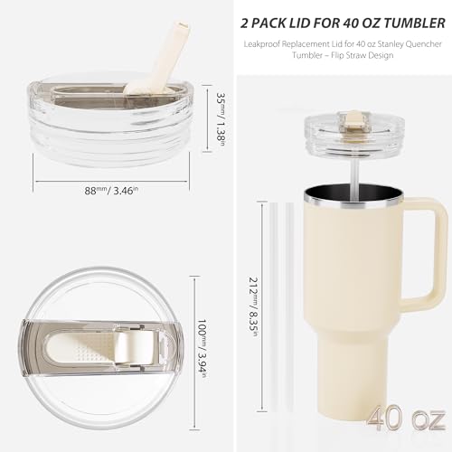 2 Pack Replacement Lid for Stanley 40 oz Quencher H2.0 & ProTour, Flip Straw Tumbler Lid for Stanley Cup, Leakproof, No Spill & Easy to Use Reusable Tumbler Cover (Cream)