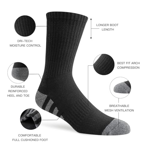 JOYNÉE Men's Crew Work Cushion Socks - Long Athletic Breathable Socks Black Large