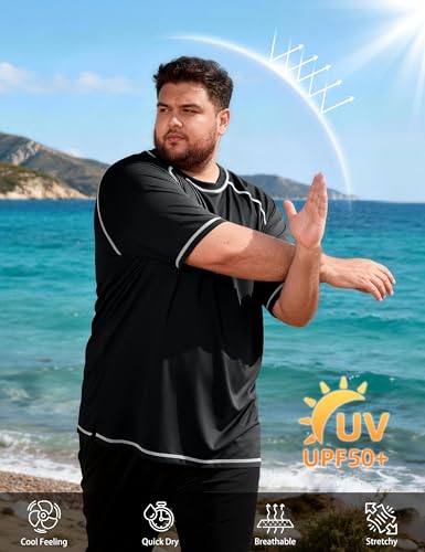 Roadbox Big & Tall Men’s Swim Shirt UPF 50+ Short Sleeve Rash Guard 4X-Large Black