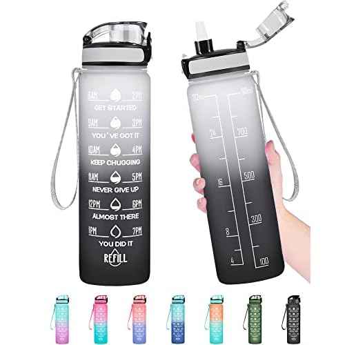 Enerbone Water Bottle, Leakproof BPA & Toxic Free, Motivational Water Bottle with Times to Drink and Straw, Fitness Sports Water Bottle with Strap for Office, Gym, Outdoor Sports