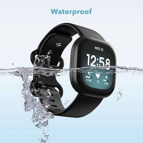 2 Pack Waterproof Bands Compatible with Fitbit Versa 3 / Fitbit Versa 4 / Fitbit Sense/Sense 2 Bands, Classic Soft Sports Replacement Wristbands for Women Men (Large 7.1''-8.7'', black/black)