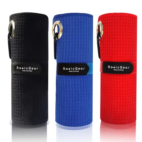 Golf Towel Set with Carabiner Clips - 3 Pack Microfiber Towels, 16x16 Inches, Black Red Blue
