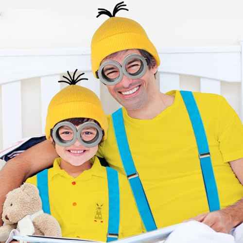 4 Pcs Halloween Costume Accessories Adults-Yellow Beanie Hat/Goggles/Gloves/Suspenders for Halloween Dress Up