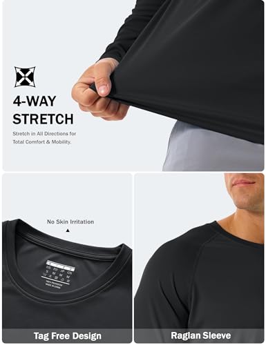 Men's UPF 50+ Long Sleeve Rash Guard Sun Protection Swim Shirt - Large, Black