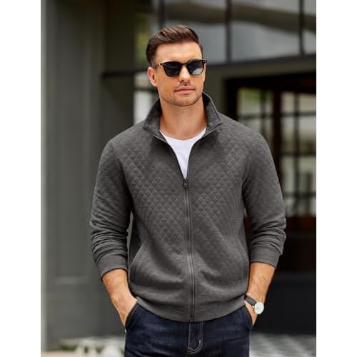 COOFANDY Mens Zip Up Sweatshirt Mock Neck Quilted Jacket Casual Lightweight Sweater Jackets with Pocket