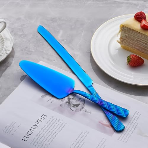 Blue Cake Cutting Set - Stainless Steel Knife and Server with Filigree Design